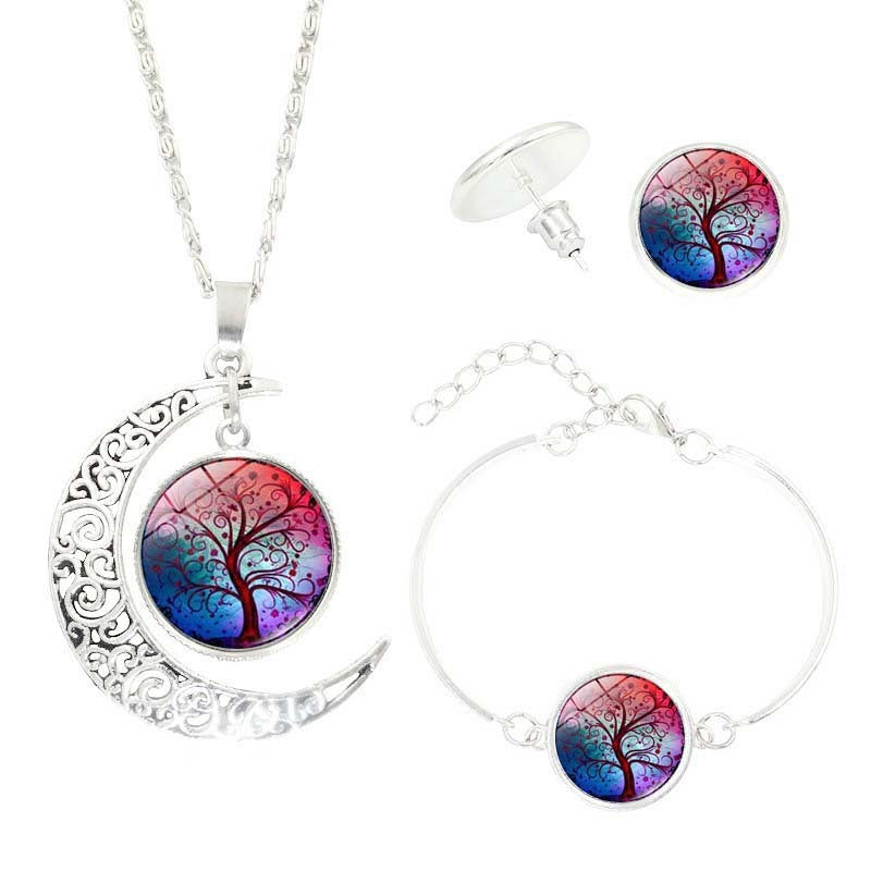 Tree of Life Time Gemstone Earrings Jewelry Necklace Set