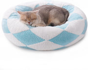 MEWOOFUN Donut Cat Bed For Indoor Cats - Round Washable Plush Pet Bed With Jacquard Shaggy Fabric & Non-Slip Bottom, Calming Small Dog Bed For Puppy & Kitten, 23 Inch Blue Check